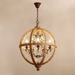 Retro Rustic Weathered Wooden Globe Caged Rust Metal Scroll Crystal 5-Light Chandelier