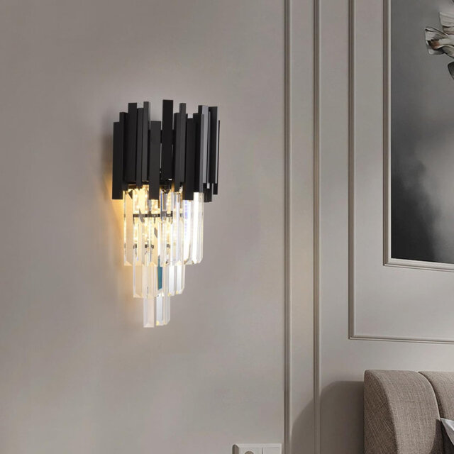 Modern Black Crystal Wall Lamp, E14 Crystal Wall Sconce Light, 25cm x 40cm x 12.5cm, Bedroom, Living Room, Kitchen, Hallway, Stairs