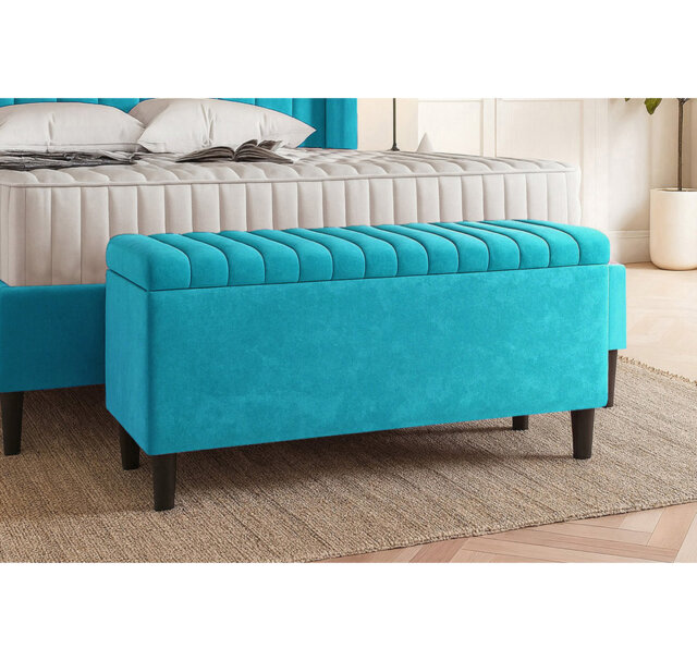 Plush Velvet Lined Upholstered Ottoman Storage Box with Wooden Legs