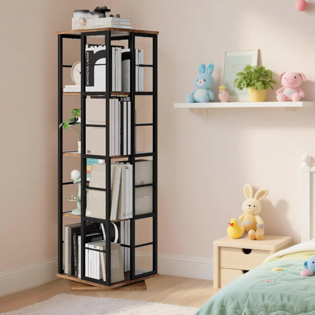 Industrial Style 360° Rotating Bookshelf with Metal Rails, 4-Tier Spinning Corner Bookcase, Space Saving Floor Storage Organizer for Living Room, Offi