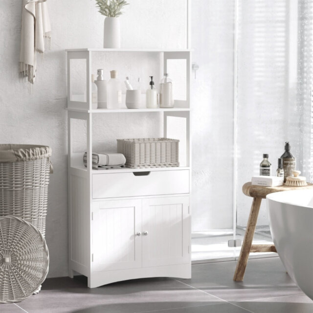 Bathroom Floor Cabinet, Free Standing Kitchen Cupboard With Shelves, White