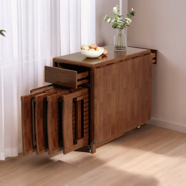 Space Saving Folding Dining Table, Walnut Solid Wood with Casters and Multi-Drawer Storage(Without Chairs)
