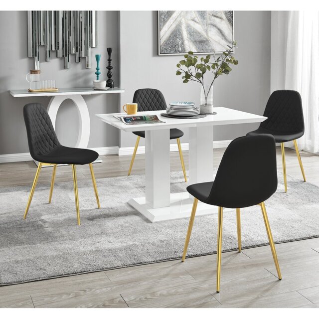 Edzard Double Pedestal High Gloss Dining Table Set with 4 Luxury Faux Leather Dining Chairs