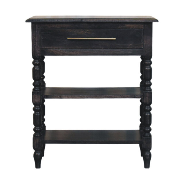 Turned Leg Solid Wood Side Table, 1 Drawer & 2 Open Shelves, Dark Brown Traditional Accent End Table
