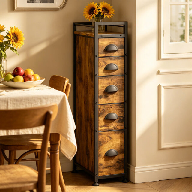 5-Drawer Narrow Dresser Slim Storage Tower Chest, Mobile Storage Unit On Wheels For Small Spaces, Ideal For Bathroom, Bedroom & Between Washer And Dry