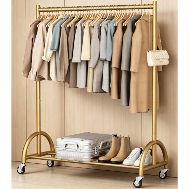 Gold Heavy Duty Rolling Clothes Rail, Wheeled Metal Garment Rack with Storage Shelves, Bedroom Hanger Stand for Coats Dresses