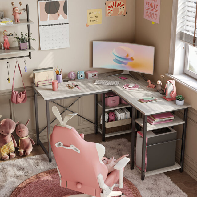 Aaleeyah L Shaped Farmhouse Computer Desk, 75 Inch Reversible Corner Office Desk with Shelves