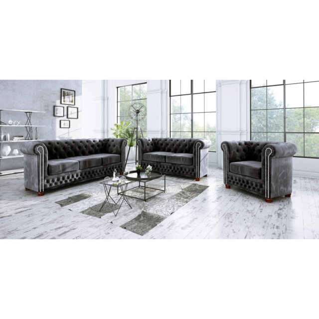 Chesterfield  Sofa Set 3+2+1 Made of Velvet Fabric with Solid Wood Legs