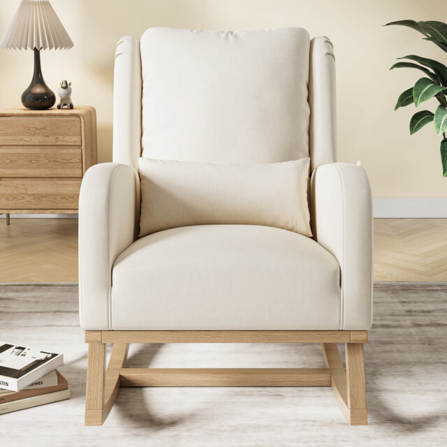 Linen Fabric Rocking Chair, Modern Glider Chair With Wood Legs And Side Pocket, Comfortable Upholstered Recliner Armchair With High Back For Living Ro