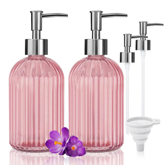 Soap Dispenser with Stainless Steel Replacement Pumps, Liquid soap Dispenser Set of 2, 13 oz Refillable Hand Press Glass Dispensers, Lotion Dispensers