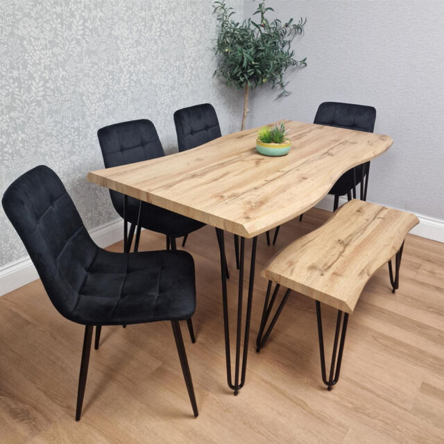 Wooden Dining Table With Bench and 4 Velvet Chairs - Stylish Dining Room Furniture