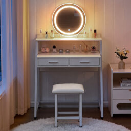 Round Mirror Dressing Table, Frame Vanity Set With Two Drawers