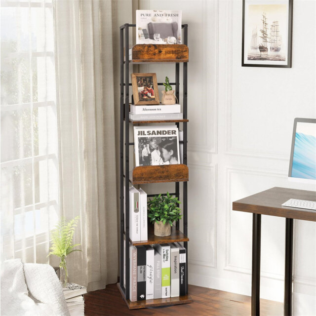 5-Tiered Bookcase, Corner Swivel Bookcase, Swivel Bookcase, Large Industrial Bookcase, Narrow Bookcase, Wood and Metal