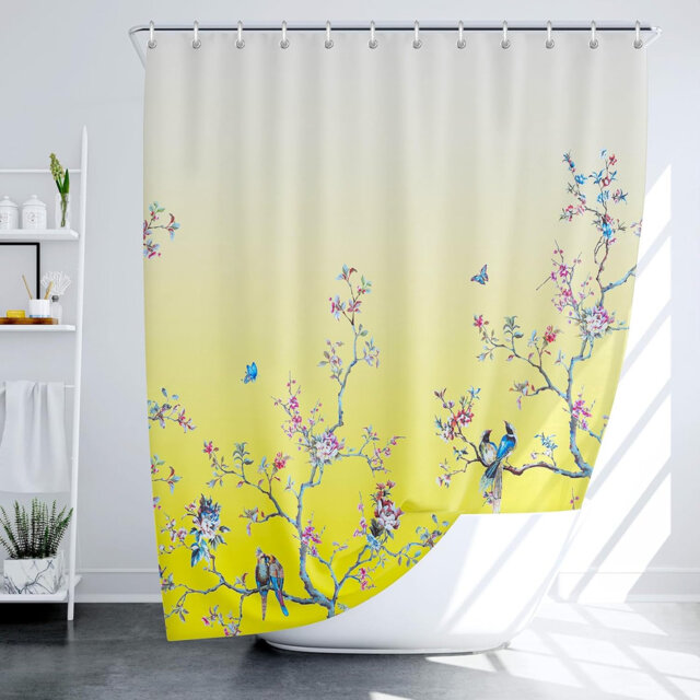 Bird Floral Butterfly Fabric Shower Curtain 90×180cm, Mould Proof Washable Bathroom Curtain with 12 Hooks