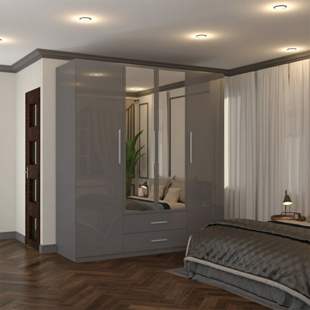 Modern 4 Door High Gloss Wardrobe with Mirror, Storage, Drawers, Shelves & Hanging Rails, White/Black/Grey - Bedroom Cupboard