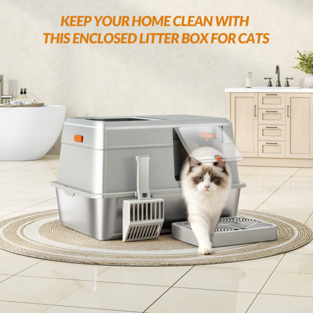 Stainless Steel Cat Litter Tray with Lid, XXL Metal Cat Litter Tray, with Foot Step and Scoop, Easy Clean, Dual Entry, Removable, 60L x 40W x 38H cm