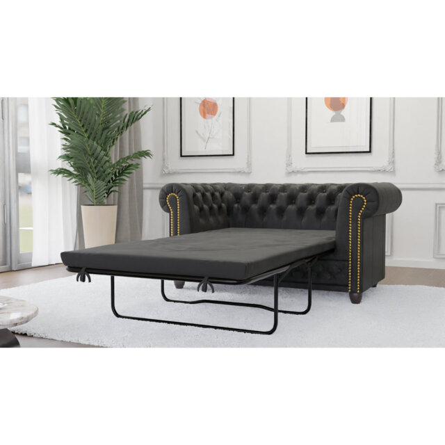 Chesterfield Friedrich 2 Seater Sofa with Sleeping Function Made of Vintage Look Microfibre with Solid Wood Legs
