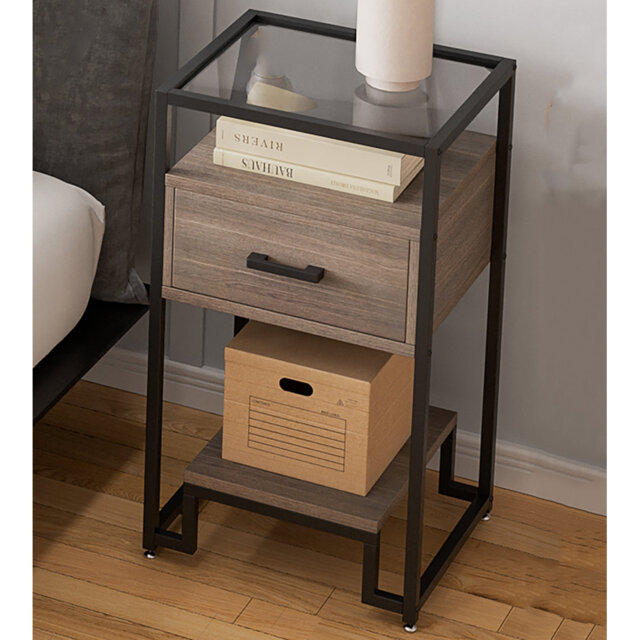 Nightstand, End Table With Storage Drawer And 3-Tier Storage & Tempered Glass Top, Bedside Furniture With Steel Frame, Side Table For Bedroom, Dorm, E