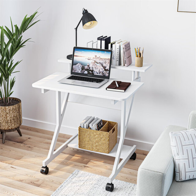 Computer Desk With Monitor Shelf - Mobile Z Shaped Home Office Desk With Storage Shelves And Movable Wheels For Small Spaces, Compact Corner Desk Spac
