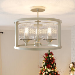 Vlissingen 3 - Light Semi Flush Ceiling Light, Brushed Gold Drum Ceiling Lamp with Textured Glass Shades