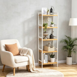 5 Tier Bamboo Bookcase Natural Grain Shelves with White Frame Multi Purpose Freestanding Storage Shelving Unit