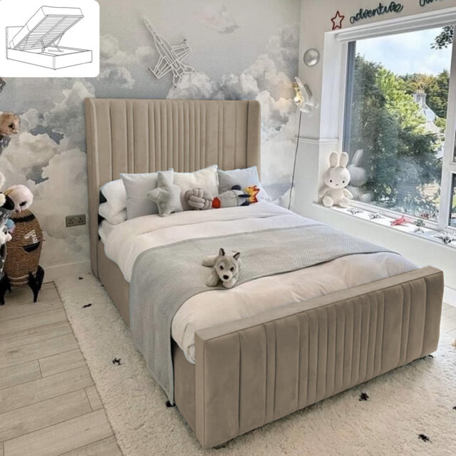 Ezzell Upholstered Bed - Wingback Ottoman Storage with Plush Velvet Gas Lift