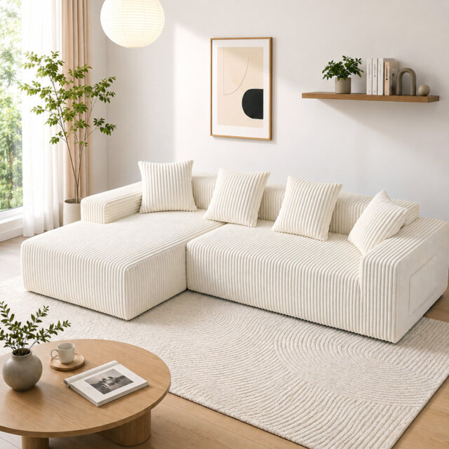 Modern Oversized 262cm Boneless Corner Sofa L-Shaped Corduroy Sofa With Storage Pockets