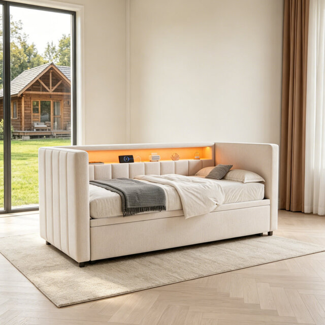 2-In-1 Convertible Upholstered Daybed Sleeper Couch,Modern Pull Out Sofa Bed With LED Ambient Lighting, USB Charging Ports & Storage For Living Room G