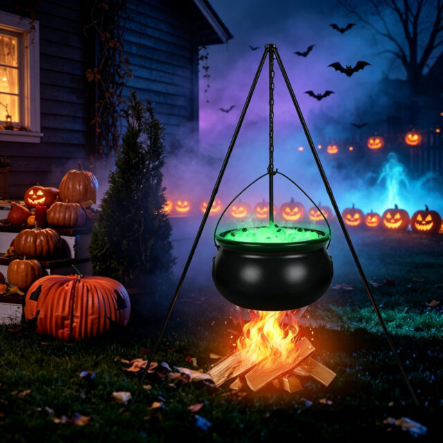 Lighted Black Witch Cauldron with Tripod, Large Plastic Magic Witch Bowl Halloween Decoration, Indoor Outdoor Yard Lawn Horror Party Decor