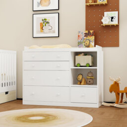 120cm Wide Changing Unit with 5 Drawers & 2 Open Shelves - Large Nursery Chest - White