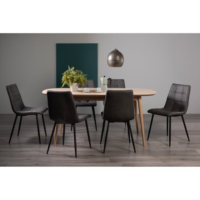Scandi Oak 6-8 Extension Dining Table-&-6-Upholstered Tapered Back Chair With Square Stitched Pattern & Sand Black Finish Dark Grey Faux Leather