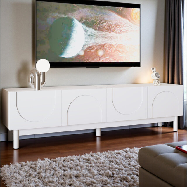 Black TV Cabinet With Curved, Wave-Shaped Doors, Shelves,  TV Stand With Stabilizing Legs