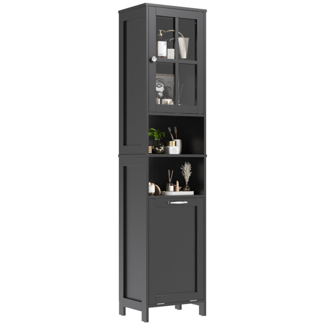 Tall and Slim Freestanding Bathroom Cabinet with Removable Laundry Basket and Acrylic Door Storage, Space-Saving Organizer with 4 Shelves for Bathroom