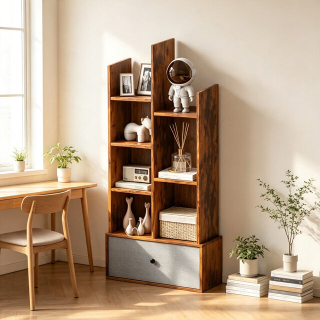 7 Tier Tree Style Bookcase with Folding Fabric Drawer Rustic Brown for Living Room Bedroom Study