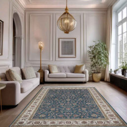 Minyatur Dark Blue & White Medallion Area Rug – Traditional Turkish Carpet, 100% Viscose, Low-Pile Flatwoven Design