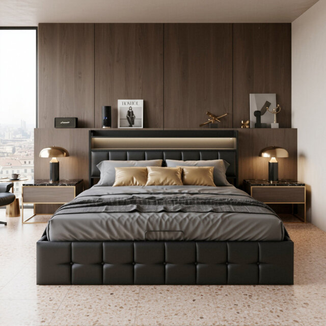 Ottoman Storage Bed With LED Headboard & USB-C Port, Industrial Frame, Black Faux Leather