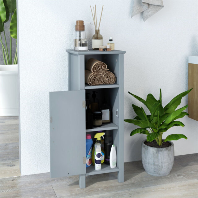 Freestanding Narrow Bathroom Storage Organizer Rack Stand with Door and Adjustable Shelf