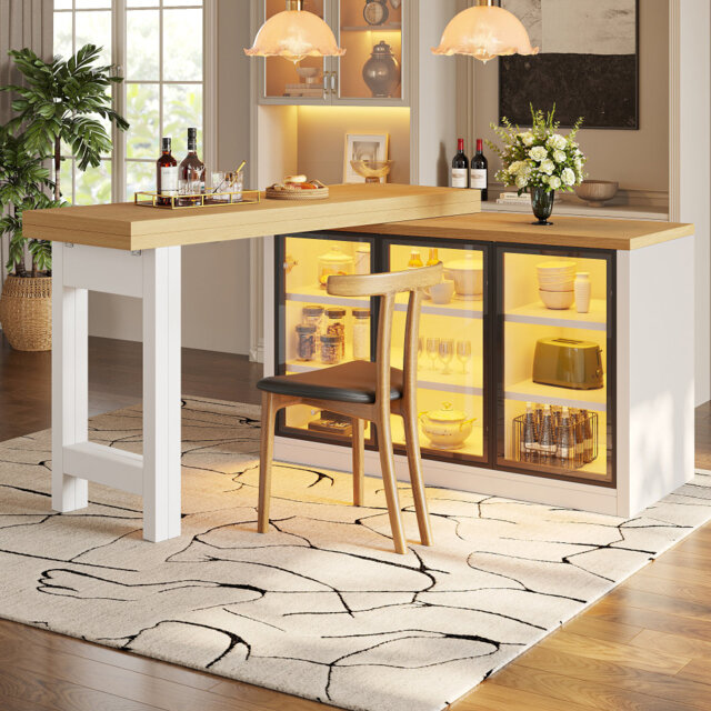 Extendable Sideboard & Dining Table Combo with LED Lighting, Push-to-Open Glass Display Cabinet, Space-Saving Design