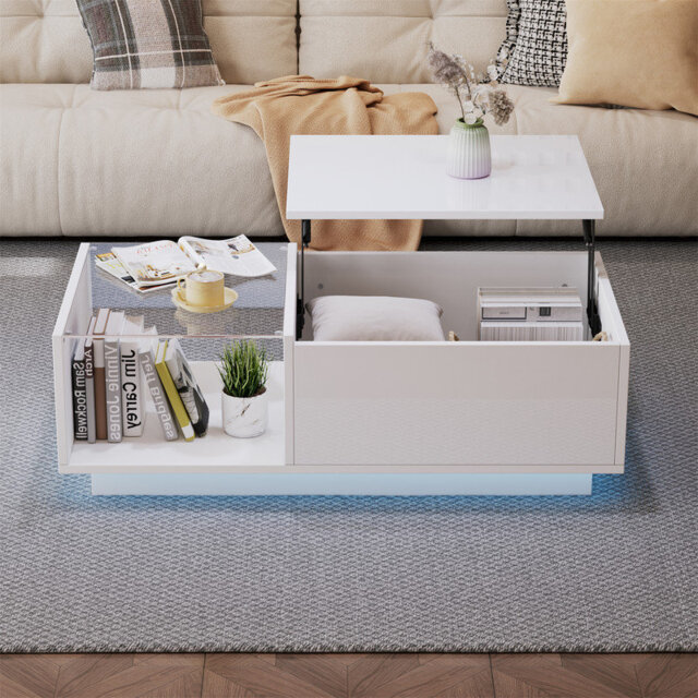 Lift Up Coffee Table with Hidden Storage – High Gloss Centre Table with LED Lighting, Adjustable Height Sofa Side Table for Living Room & Bedroom, Whi