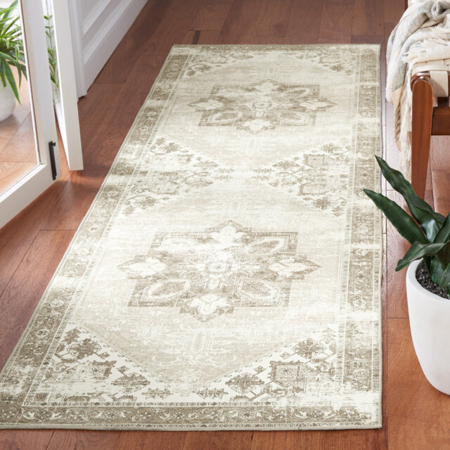 Tucson Gilded Machine Washable Non-Slip Area Rug In Sage & Ivory