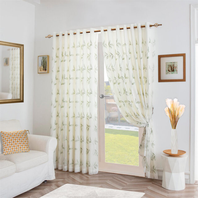 Zapata Leaf Embroidered Voile Ring Top Curtains Pair