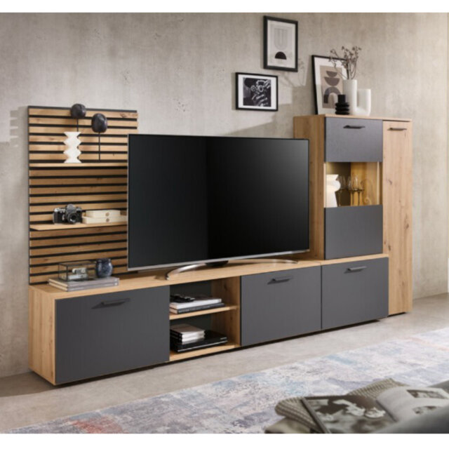 Heathrow Entertainment Unit with LED Lighting W250cm - White and Oak Artisan Finish