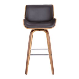 Alula Mid-Century Swivel Counter or Bar Height Bar Stool in Brown Faux Leather with Walnut