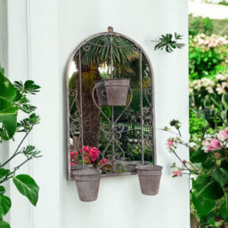 Cordelia Metal Framed Wall Accent Mirror with Planters Rustic Indoor Outdoor Garden Decor Grey Finish