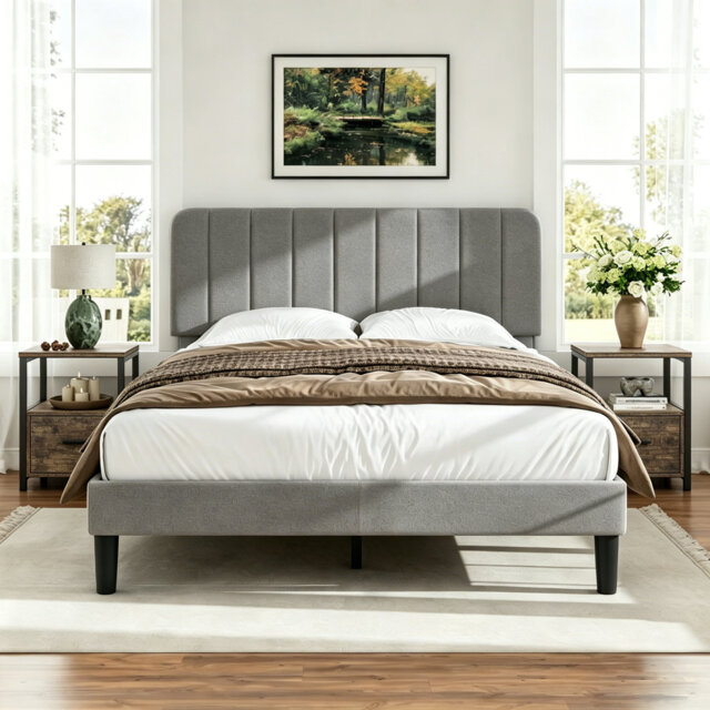 3 Pieces Bedroom Set, Bed Frame with Velvet Upholstered Headboard, Platform Bed Frame and 2 Nightstands with Drawer, No Box Spring Needed, Easy to Ass