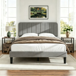 3 Pieces Bedroom Set, Bed Frame with Velvet Upholstered Headboard, Platform Bed Frame and 2 Nightstands with Drawer, No Box Spring Needed, Easy to Ass