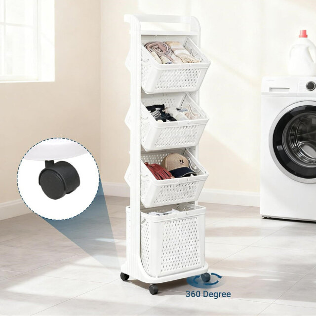 4 Tier Luandry Basket With Wheels,43L X 33W X 149H CM,White