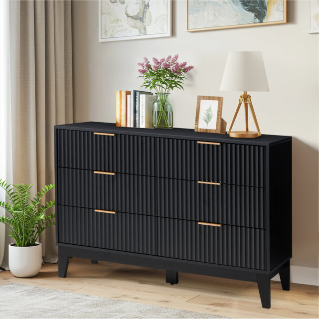 "6 - Drawer 47.2"" W Double Dresser, Fluted Design Wood Wide Chest"
