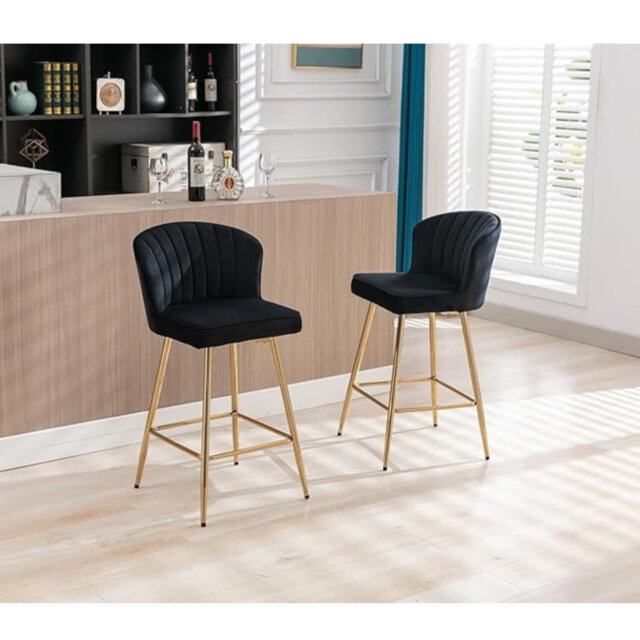 Wahson Bar Stools Set of 2 in Velvet Modern Counter Chairs with Shell Designed Backrest for Home Bar Restaurant, Black