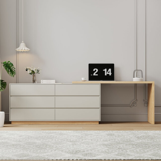 Space-Saving Adjustable Desk 160-250cm - with 6-Drawer Storage & Swivel - Flexible Straight/L-Shape Layout for Home Office, Study & Family Rooms